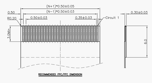 0.5間距H2.0翻蓋下接FPC連接器對(duì)應(yīng)排線規(guī)格圖